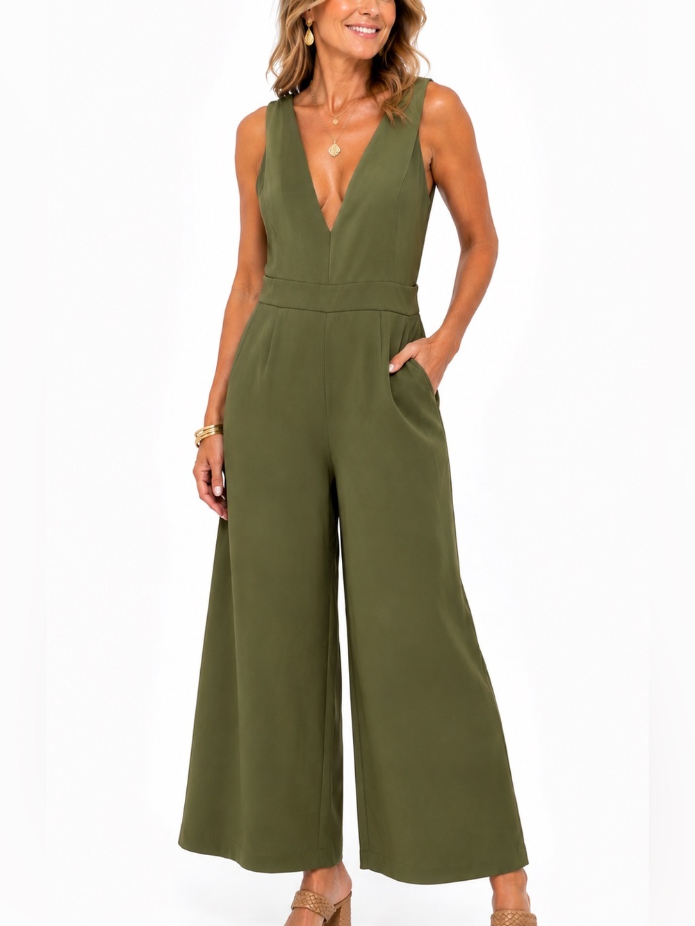 NWT CUPSHE XL Olive Green Wide Leg Plunge V-Neck Jumpsuit